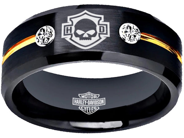 Harley Davidson Ring HD Logo Ring Black and Gold CZ Wedding Band Men Women