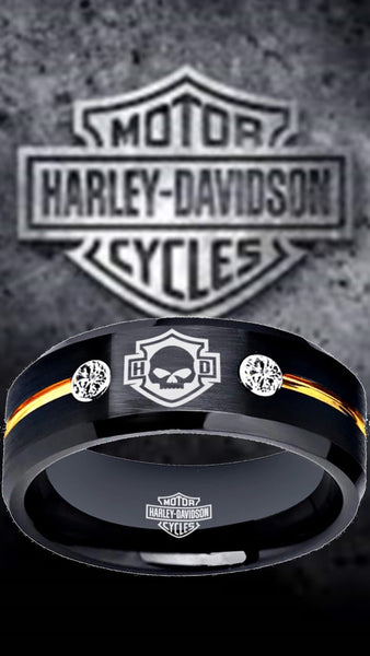 Harley Davidson Ring HD Logo Ring Black and Gold CZ Wedding Band Men Women