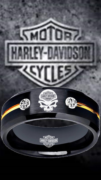 Harley Davidson Ring HD Motorcycle Logo Ring Black and Gold CZ Wedding Band Men Women