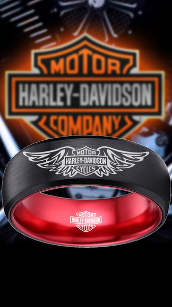 Harley Davidson Ring HD Logo Men's Ring 8mm Black and Red Wedding Ring #harleydavidson