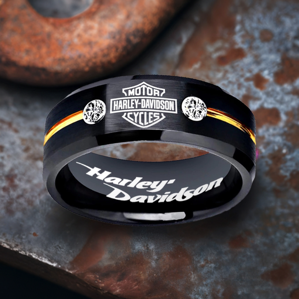 Harley Davidson Ring HD Motorcycle Logo Ring Black and Gold CZ #harleydavidson
