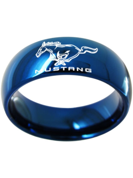 Ford Mustang Ring, Ford Mustang Logo Tungsten Ring, Blue 8mm Comfort Band