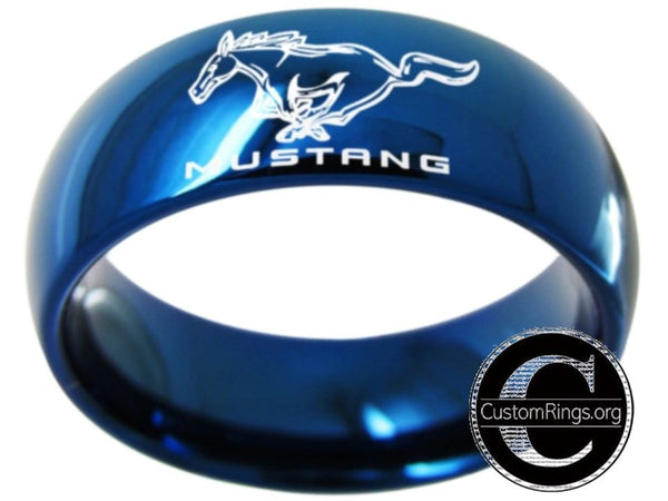 Ford Mustang Ring, Ford Mustang Logo Tungsten Ring, Blue 8mm Comfort Band