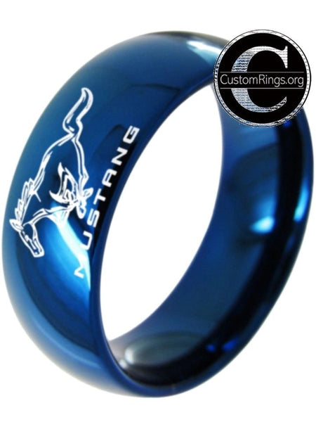 Ford Mustang Ring, Ford Mustang Logo Tungsten Ring, Blue 8mm Comfort Band