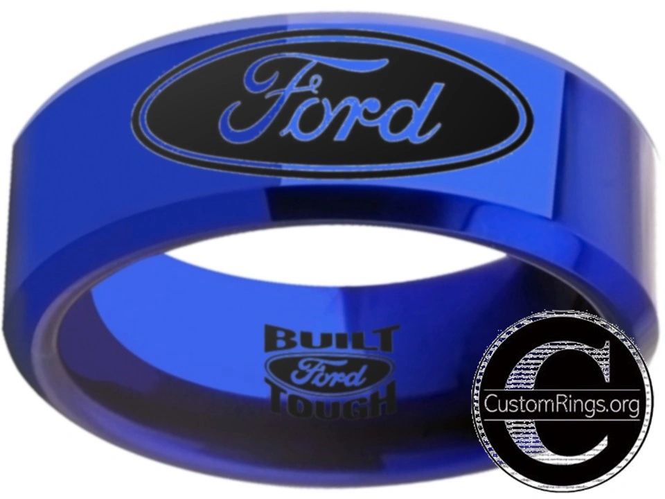 Ford Ring Ford Logo Ring Wedding Band Tungsten Blue Ring Black Logo #f 