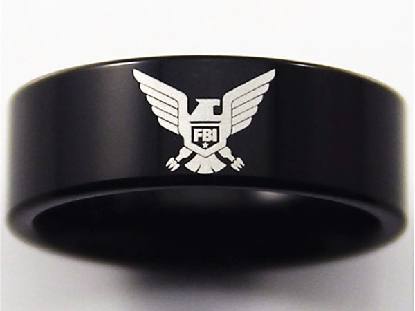 FBI Ring Federal Bureau of Investigation Ring, 8mm Black Tungsten Band 6 - 13