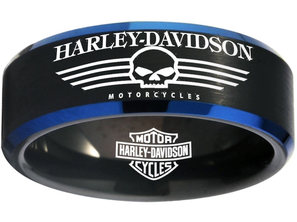 Harley-Davidson Black and Blue Wedding Ring - Perfect for Bikers and Motorcycle Enthusiast