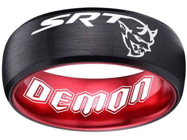 Dodge Demon SRT Ring, Challenger Wedding Band 8mm Black and Red Tungsten Ring