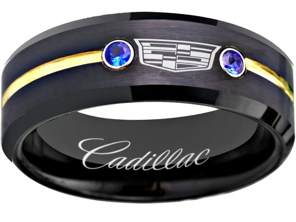 Cadillac Ring Cadillac Logo Ring Black Gold & Blue CZ Wedding Band sizes 6-13 #cadillac