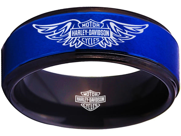 Harley Davidson Ring HD Logo Men's Ring 8mm Blue and Black Wedding Ring #harleydavidson