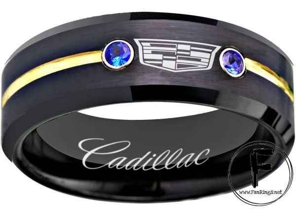 Cadillac Ring Cadillac Logo Ring Black Gold & Blue CZ Wedding Band sizes 6-13 #cadillac
