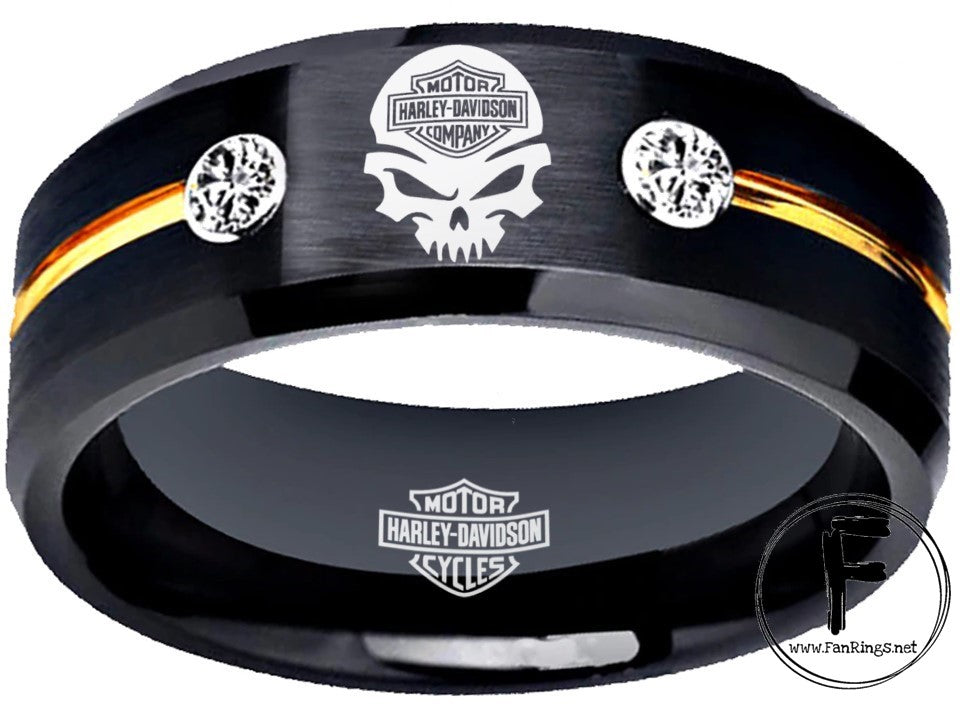 Harley-Davidson Ring | Black & Gold CZ | Sizes 6-13 | Bold