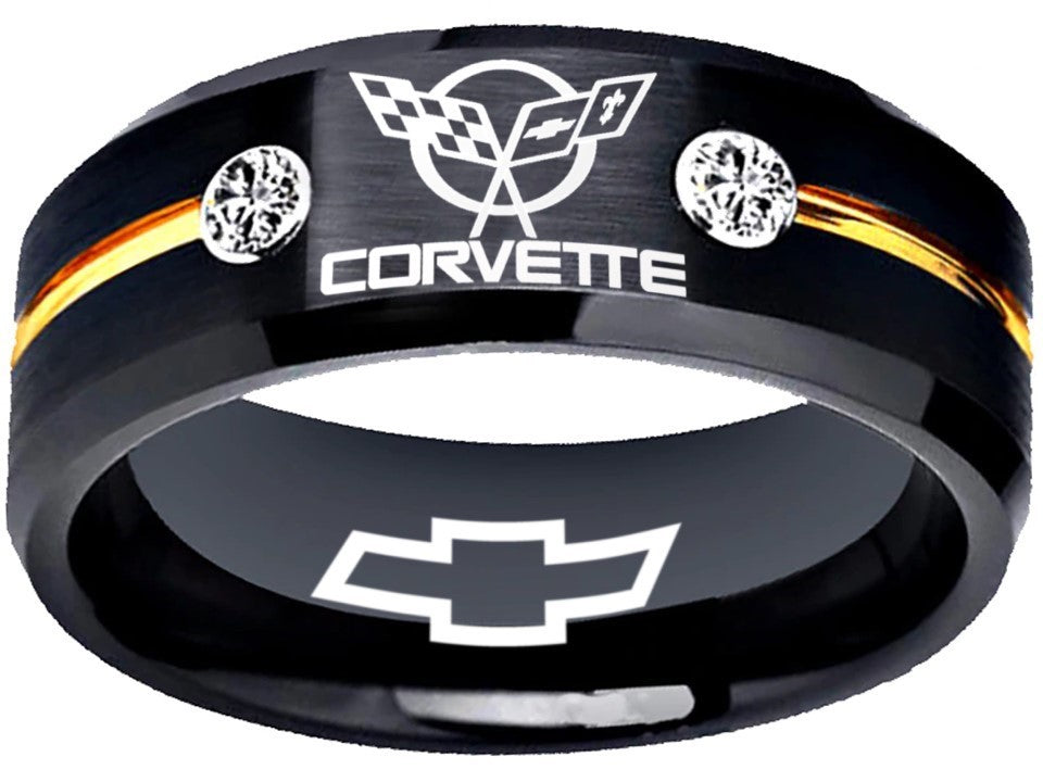 Chevrolet Corvette Ring Black & Gold CZ Wedding Band Sizes 6-13 #corvette #c5