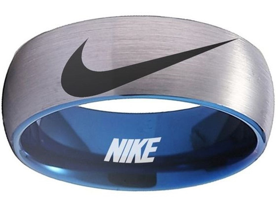 Nike Ring Matte Silver and Blue Band Nike Wedding Ring #nike #nikeair #justdoit