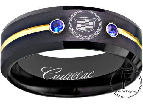 Cadillac Ring Cadillac Wedding Band Black Gold & Blue CZ Logo Ring sizes 6-13 #cadillac