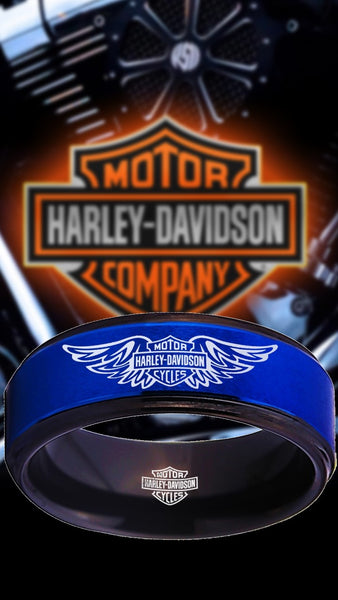 Harley Davidson Ring HD Logo Men's Ring 8mm Blue and Black Wedding Ring #harleydavidson