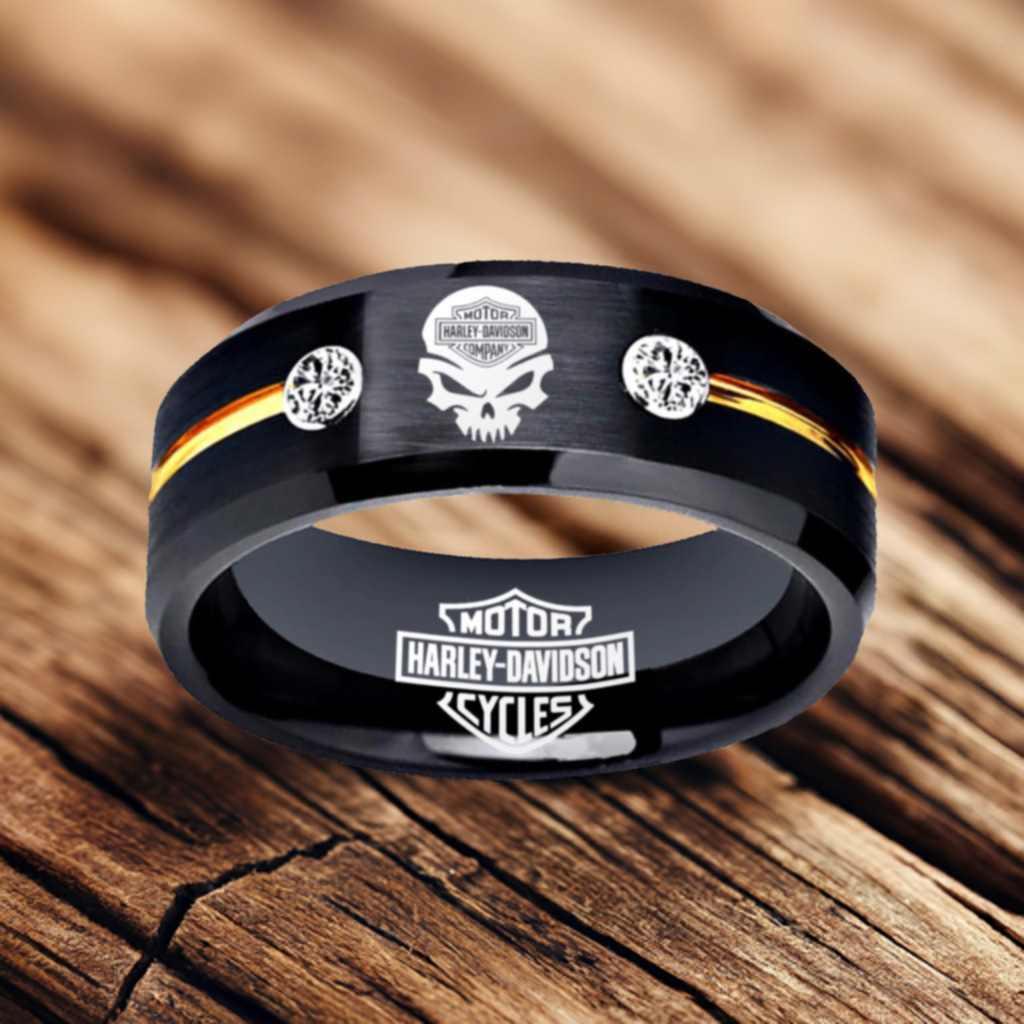 Harley Davidson Ring HD Motorcycle Logo Ring Black and Gold CZ Wedding Band Men Women