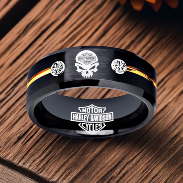 Harley Davidson Ring HD Motorcycle Logo Ring Black and Gold CZ Wedding Band Men Women