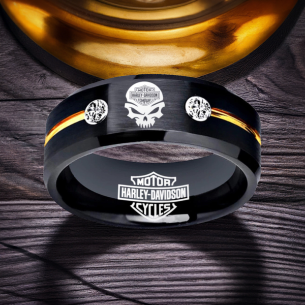 Harley Davidson Ring HD Motorcycle Logo Ring Black and Gold CZ Wedding Band Men Women