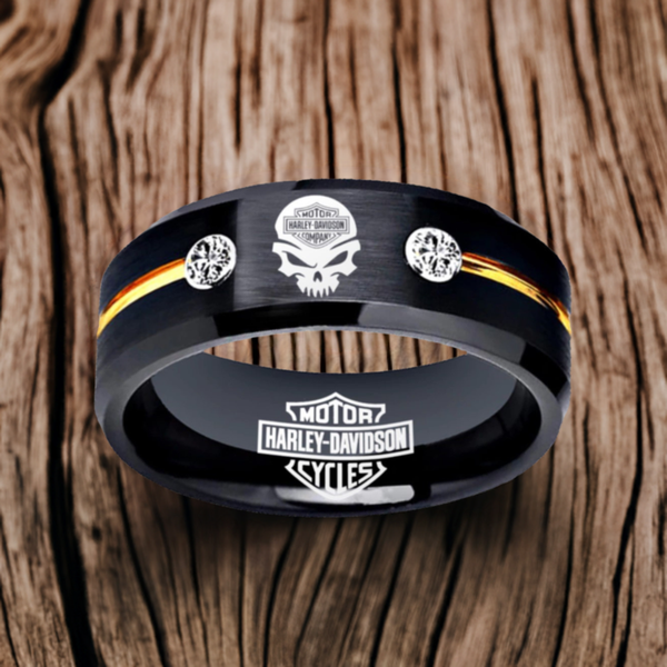 Harley Davidson Ring HD Motorcycle Logo Ring Black and Gold CZ Wedding Band Men Women