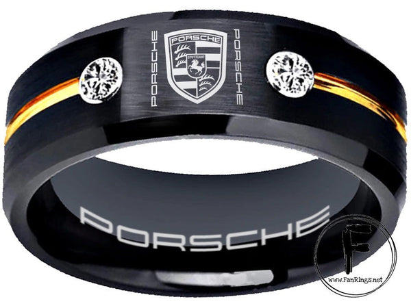 Porsche Ring Porsche 911 Ring 8mm Tungsten Black and Gold CZ Ring Sizes 6 -13