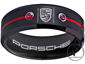 Porsche Ring Porsche 911 Ring 8mm Tungsten Black and Red CZ Ring Sizes 6 -13