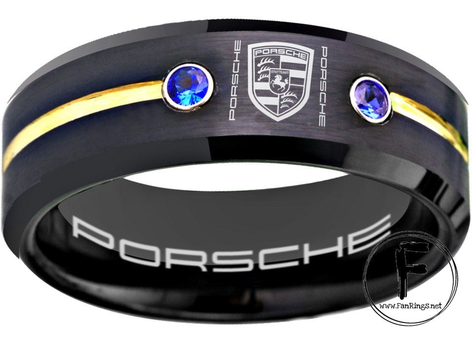Porsche Ring Porsche 911 Ring 8mm Tungsten Black and Blue CZ Ring Sizes 6 -13