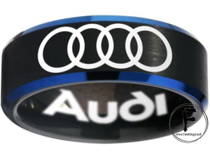 Audi Ring Audi Wedding Band Tungsten Black and Blue Logo Ring Sizes 6 - 13