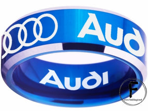Audi Logo Ring Audi Wedding Band Tungsten Blue and Silver Logo Ring Sizes 4 - 17