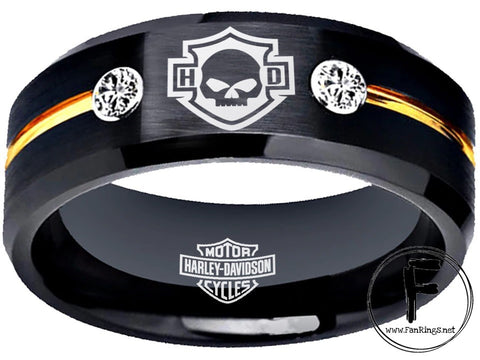 Harley Davidson Ring HD Logo Ring Black and Gold CZ Wedding Band Men Women
