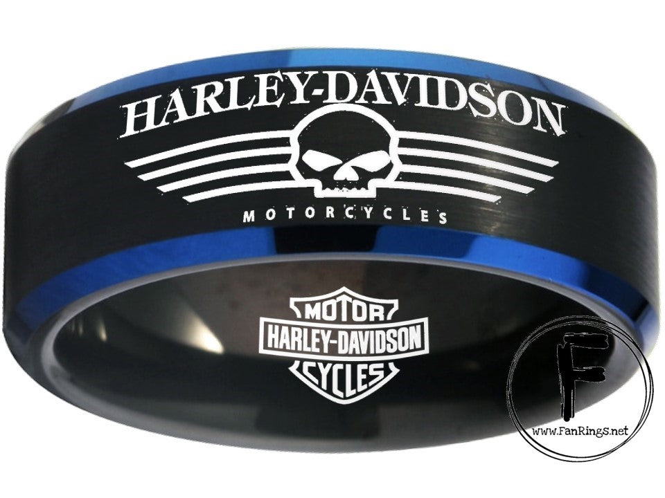 Harley-Davidson Black and Blue Wedding Ring - Perfect for Bikers and Motorcycle Enthusiast