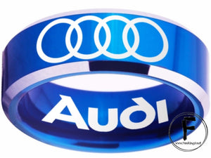 Audi Ring Audi Wedding Band Tungsten Blue and Silver Logo Ring Sizes 4 - 17