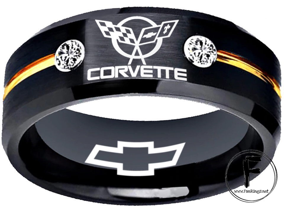 Chevrolet Corvette Ring Black & Gold CZ Wedding Band Sizes 6-13 #corvette #c5