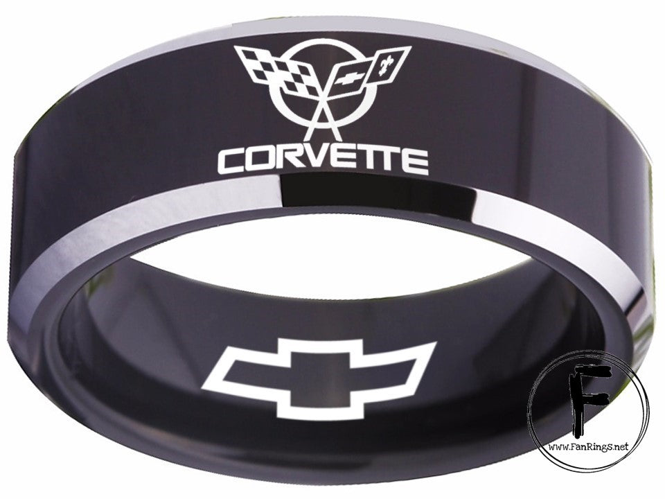 Chevrolet Corvette Ring Black & Silver Wedding Band Sizes 4-17 #corvette #c5