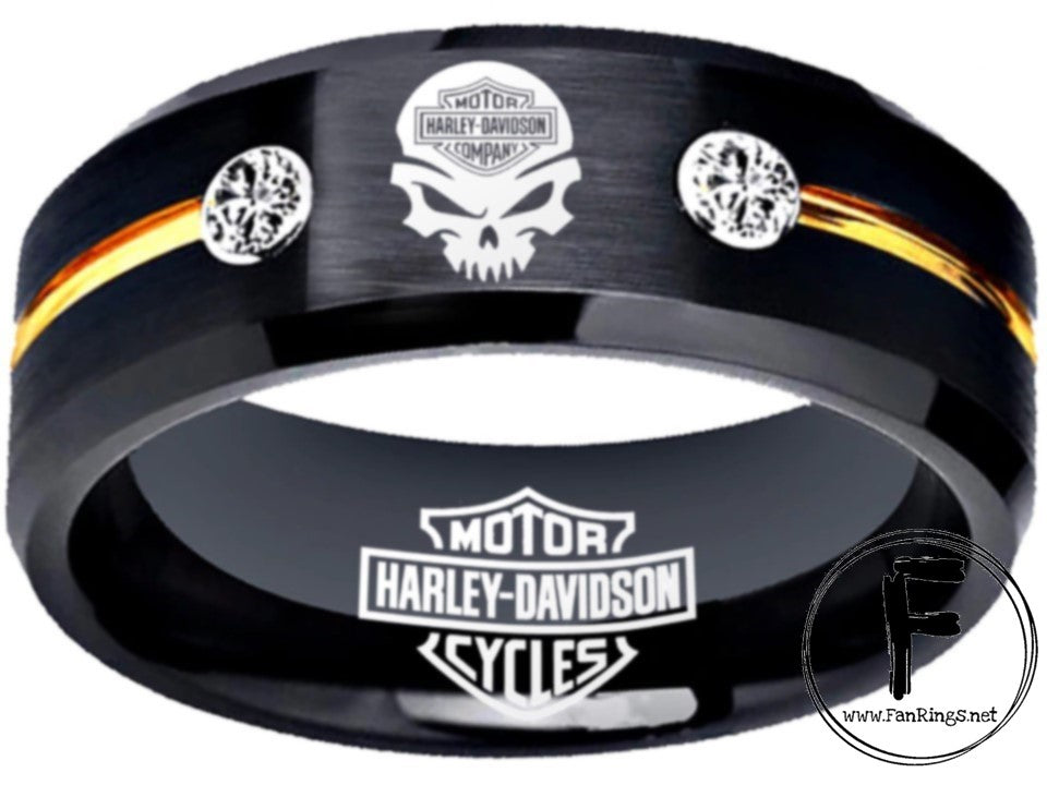 Harley Davidson Ring HD Motorcycle Logo Ring Black and Gold CZ Wedding Band Men Women