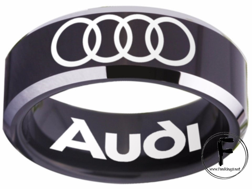 Audi Ring Audi Wedding Band Tungsten Black and Silver Logo Ring Sizes 4 - 17