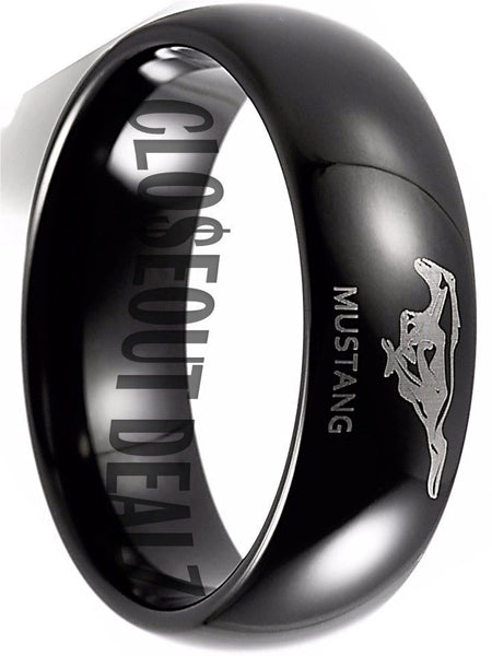 Ford Mustang Ring, Ford Mustang Logo Tungsten Ring, Black 8mm Comfort Band