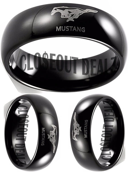 Ford Mustang Ring, Ford Mustang Logo Tungsten Ring, Black 8mm Comfort Band