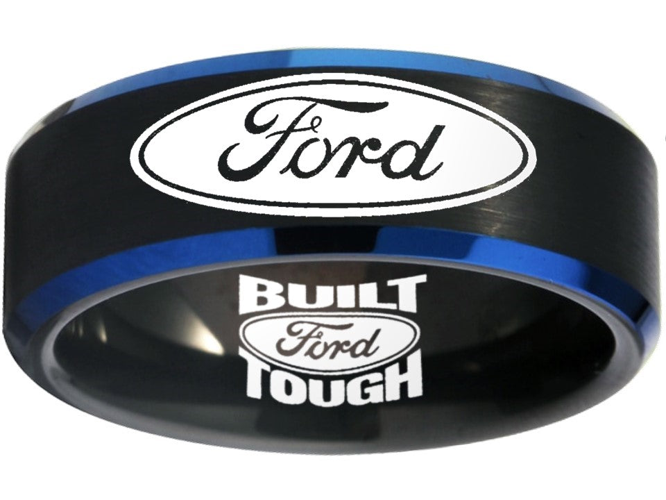 Ford Ring Ford Wedding Band 8mm Tungsten Black and Blue Ring Sizes 6 - 13