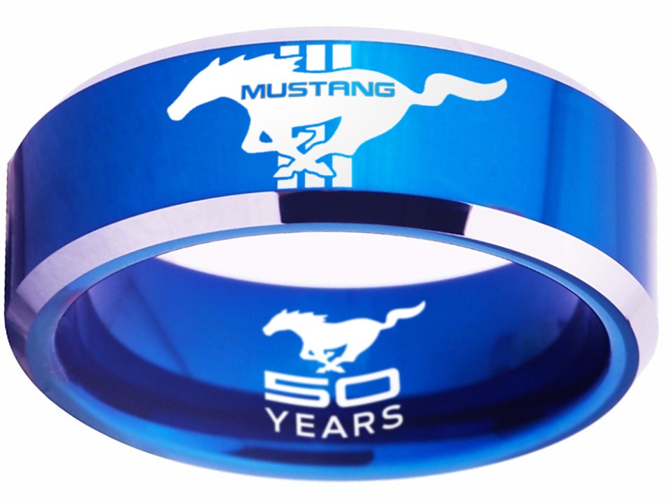 Ford Mustang Ring Ford Wedding Band Tungsten Blue and Silver Logo Ring Sizes 4 - 17