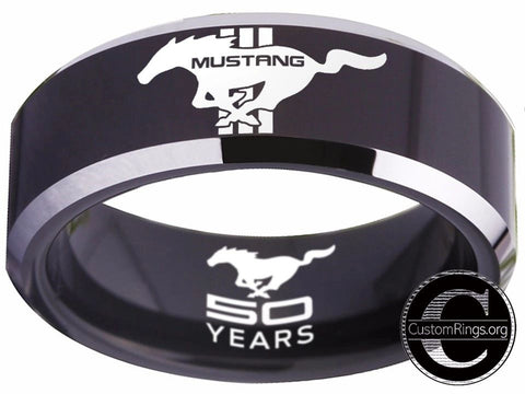 Ford Mustang Ring Ford Wedding Band Tungsten Black and Silver Logo Ring Sizes 4 - 17