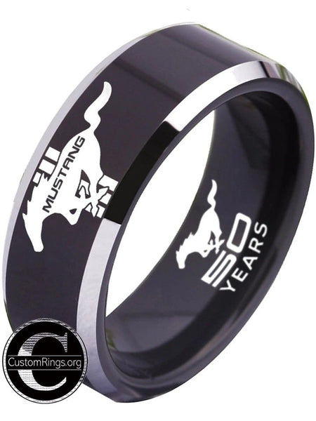 Ford Mustang Ring Ford Wedding Band Tungsten Black and Silver Logo Ring Sizes 4 - 17