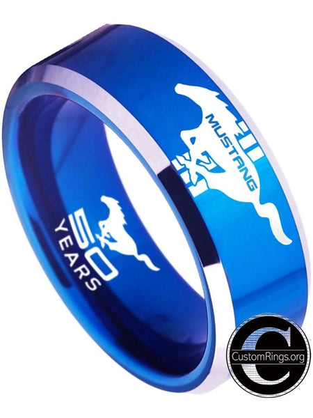 Ford Mustang Ring Ford Wedding Band Tungsten Blue and Silver Logo Ring Sizes 4 - 17