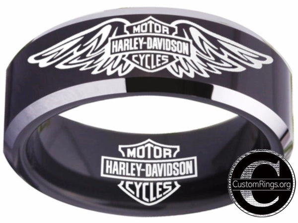 Harley Davidson Ring Men's Ring 8mm Black Silver Wedding Ring #harleydavidson