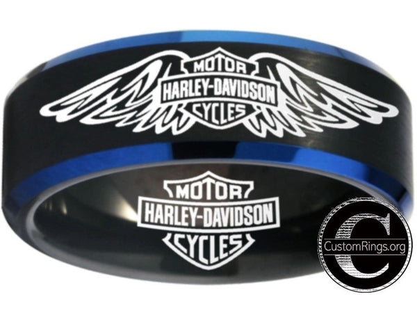 Harley Davidson Ring Men's Ring 8mm Black and Blue Wedding Ring #harleydavidson