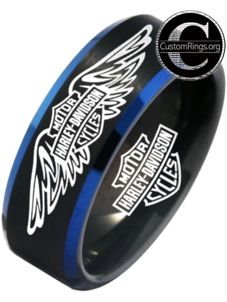 Harley Davidson Ring Men's Ring 8mm Black and Blue Wedding Ring #harleydavidson