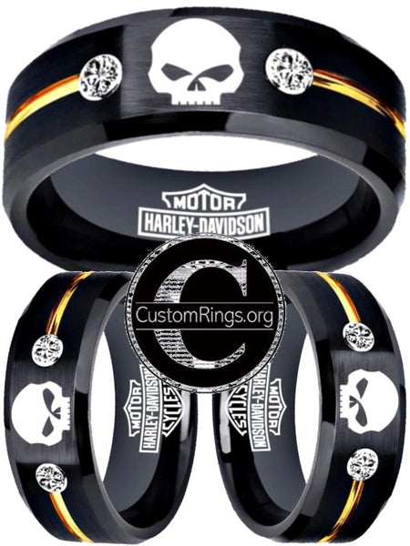 Harley Davidson Ring HD Logo Ring Black with Gold CZ Stone Ring #harleydavidson
