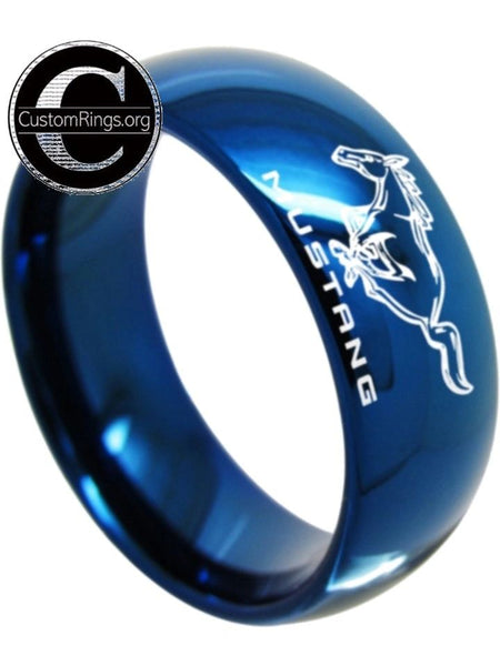 Ford Mustang Ring, Ford Mustang Logo Tungsten Ring, Blue 8mm Comfort Band