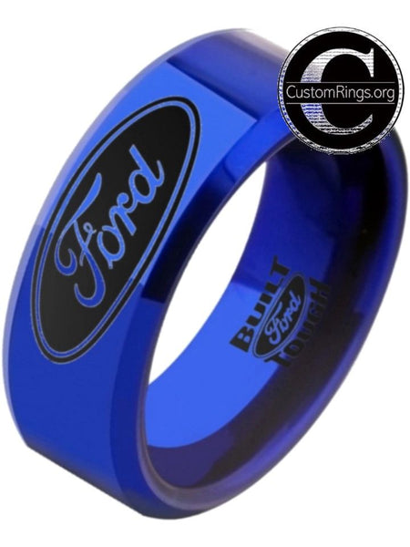 Ford Ring Ford Logo Ring Wedding Band Tungsten Blue Ring Black Logo #ford