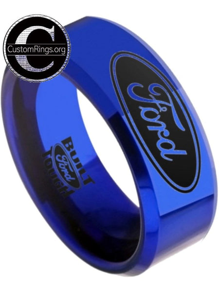 Ford Ring Ford Logo Ring Wedding Band Tungsten Blue Ring Black Logo #ford